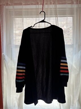 Black Women's Cardigan with Rainbow Sleeve Stripes